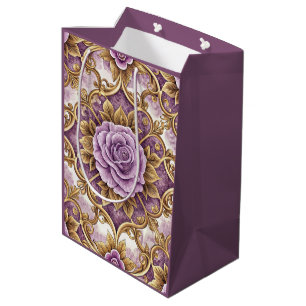 Purple Rose & Gold Baroque Elegant Vintage Floral Medium Gift Bag