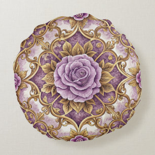 Purple Rose & Gold Baroque Elegant Vintage Floral Round Cushion
