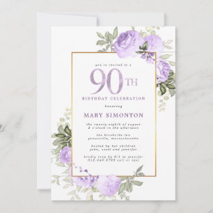Purple Rose Gold Floral 90th Birthday Party Invitation