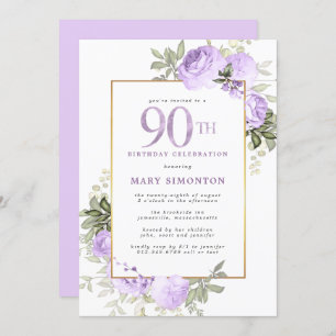 Purple Rose Gold Floral 90th Birthday Party Invitation