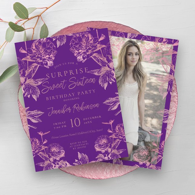 Purple Rose Gold Floral Photo SURPRISE Sweet 16   Invitation (Purple Rose Gold Floral Photo SURPRISE Sweet 16 Invitation)