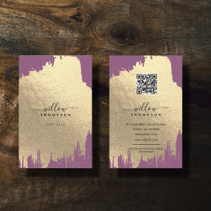 Purple Rose Gold Foil Brush Stroke QR Code Business Card