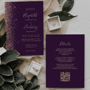 Purple Rose Gold Glitter Edge QR Code Wedding Invitation