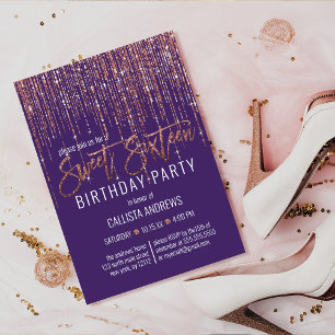 Purple Rose Gold Glitter Fringe Curtain Sweet 16 Invitation