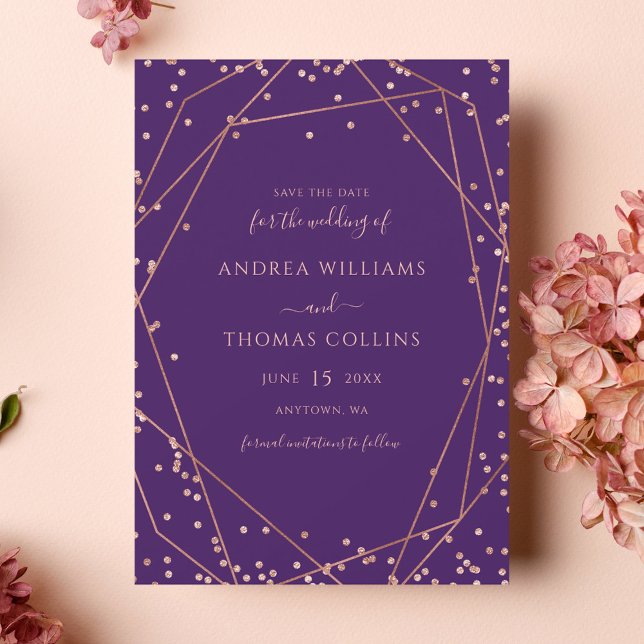 Purple Rose Gold Glitter Geometric Wedding Save The Date (Creator Uploaded)