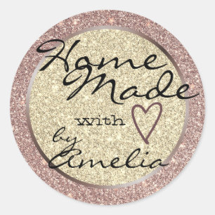 Purple Rose Gold Glitter Home Made with Love Heart Classic Round Sticker