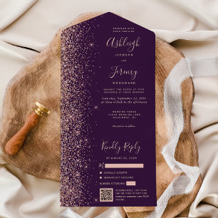 Purple Rose Gold Glitter QR Code Wedding All In One Invitation
