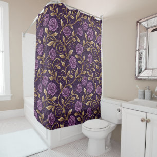 Purple Rose & Gold Luxurious Floral Personalised Shower Curtain