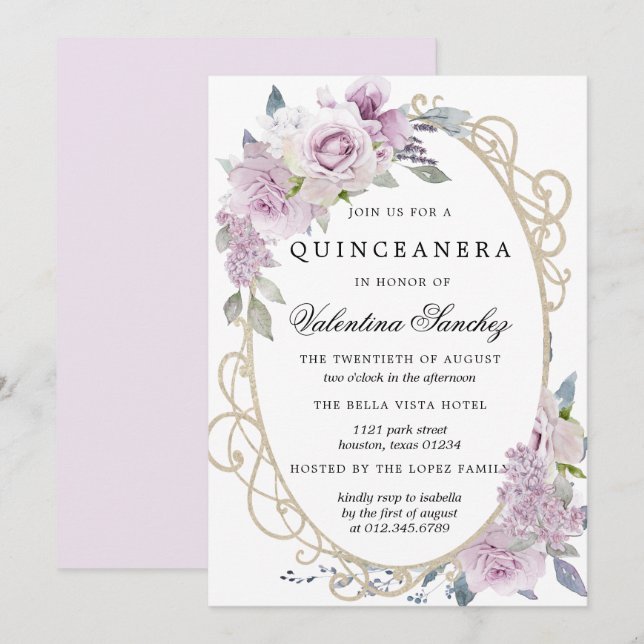Purple Rose Lilac Watercolor Floral Quinceanera Invitation (Front/Back)