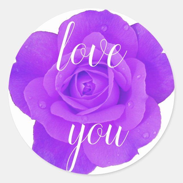 Purple Rose Love You Floral Violet Blue Wedding Classic Round Sticker (Front)