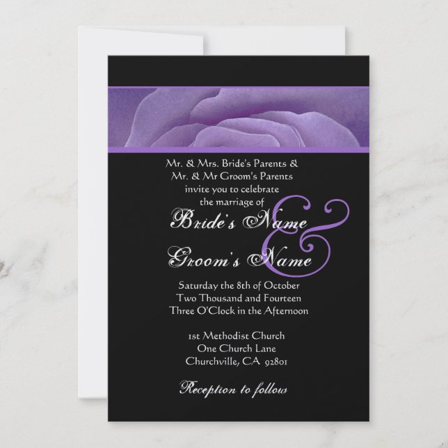 Purple Rose Petals Black  Wedding Metallic Paper Invitation (Front)