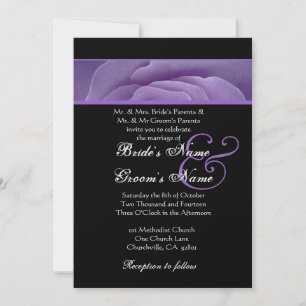 Purple Rose Petals Black  Wedding Metallic Paper Invitation