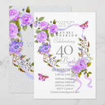 Purple Rose Ribbon 40th Birthday Invitation