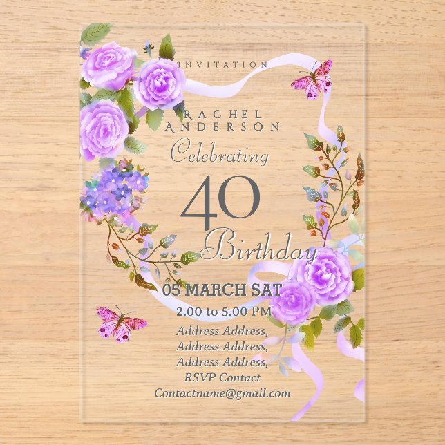 Purple Rose Ribbon 40th Birthday Invitation (Front)