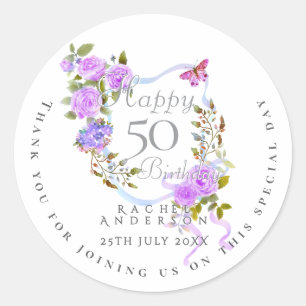 Purple Rose Ribbon 50th Birthday Classic Round Sticker