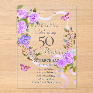 Purple Rose Ribbon 50th Birthday Invitation