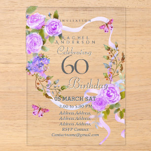 Purple Rose Ribbon 60th Birthday Invitation