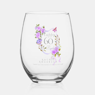 Purple Rose Ribbon 60th Birthday Stemless Wine Glass