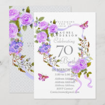 Purple Rose Ribbon 70th Birthday Invitation