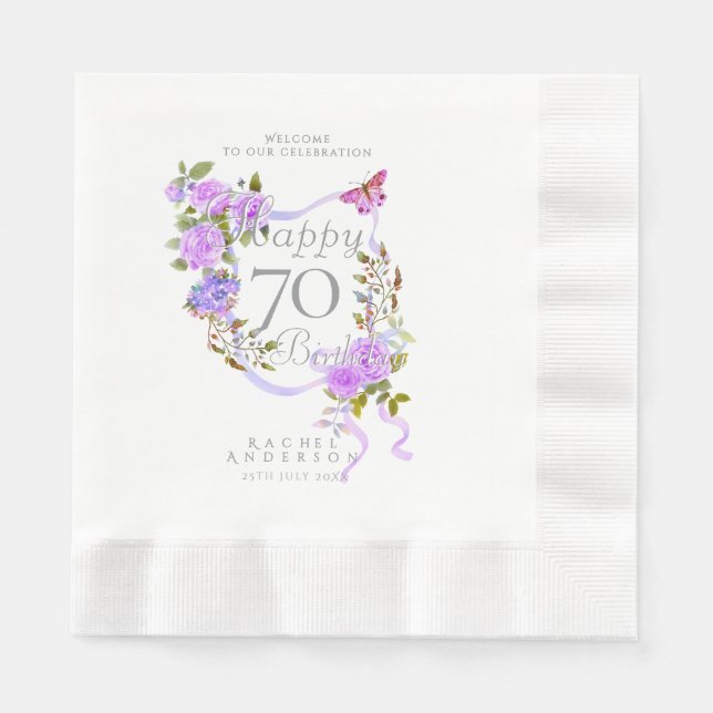 Purple Rose Ribbon 70th Birthday Napkin (Front)
