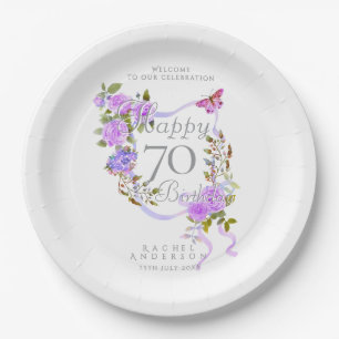 Purple Rose Ribbon 70th Birthday Paper Plate