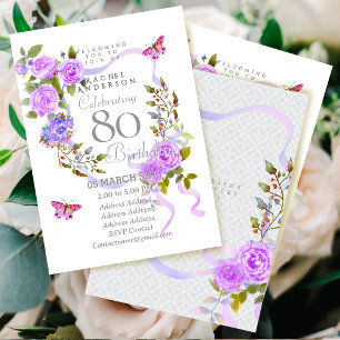 Purple Rose Ribbon 80th Birthday Invitation