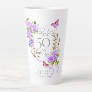 Purple Rose Ribbon Birthday Latte Mug
