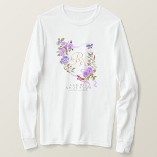Purple Rose Ribbon Chic Monogram White T-Shirt
