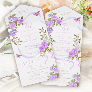 Purple Rose Ribbon Monogram Wedding Invitation