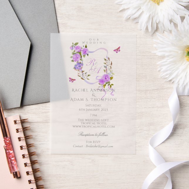 Purple Rose Ribbon Monogram Wedding  Invitation (Wedding)