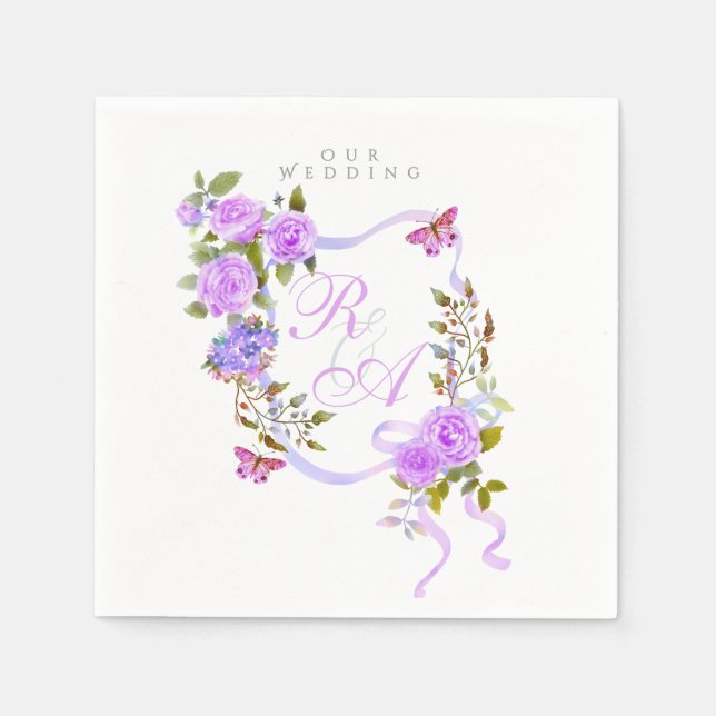 Purple Rose Ribbon Wedding Napkin (Front)