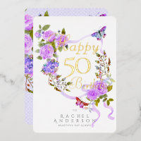Purple Rose Ribbon Yearly Birthday Foil Card