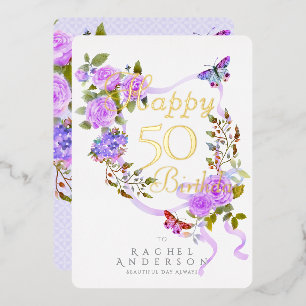 Purple Rose Ribbon Yearly Birthday Foil Card