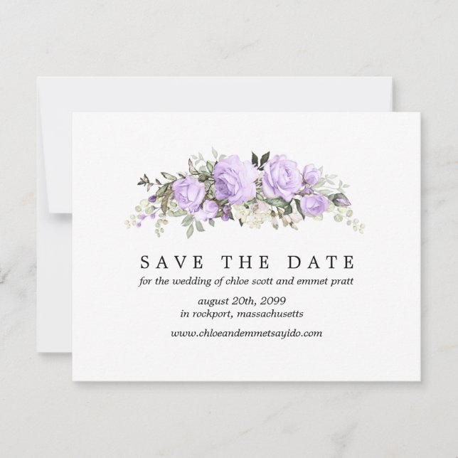 Purple Rose Save the Date Card with Photo Back (Front)