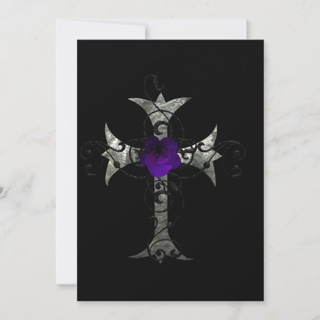 Purple Rose  Silver Cross Gothic Bridal Shower Inv Invitation (Front)
