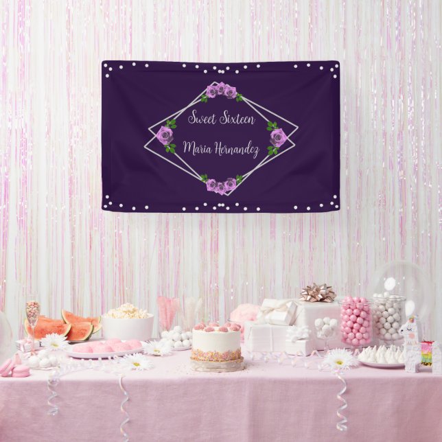Purple Rose Silver Geometric Sweet 16 Banner (Party)