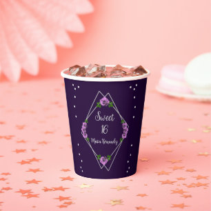 Purple Rose Silver Geometric Sweet 16 Paper Cups