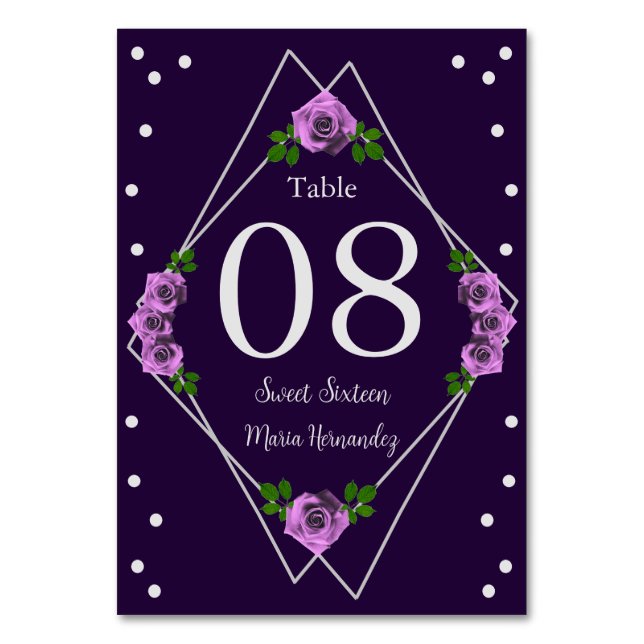 Purple Rose Silver Geometric Sweet 16 Table Number (Front)