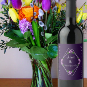 Purple Rose Silver Geometric Sweet 16 Wine Label