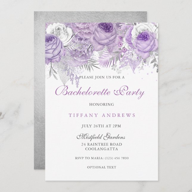Purple Rose Silver Wonderland Bachelorette Party Invitation (Front/Back)