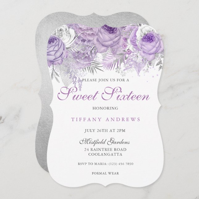 Purple Rose Silver Wonderland Sweet 16 Invite (Front/Back)