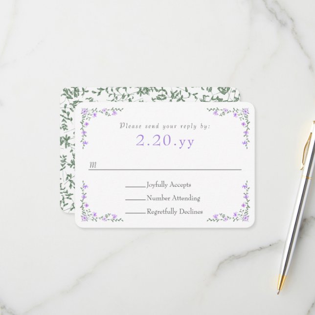 Purple Rose Vine Border Wedding RSVP Card (Front/Back In Situ)
