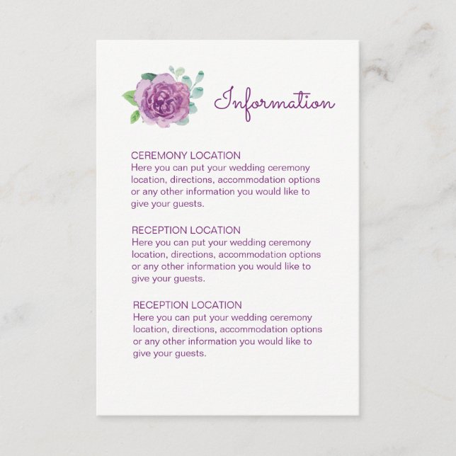 Purple Rose Wedding Information Cards (Front)