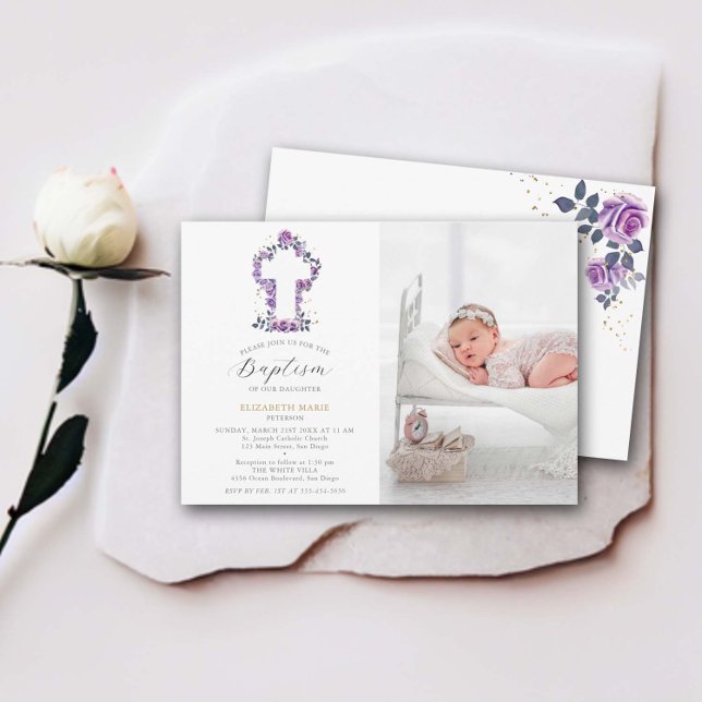 Purple Rose White Cross Baby Toddler Photo Baptism Invitation (purple roses white cross floral frame baby girl baptism christening invitation elegant modern classy)
