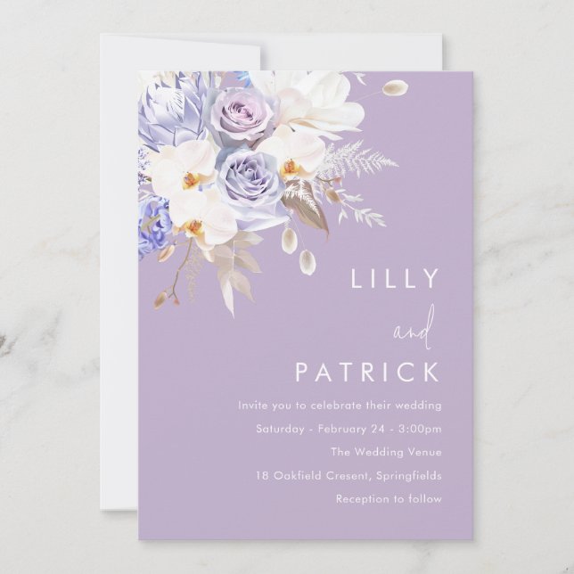 Purple Rose & White Floral Wedding Invitation (Front)