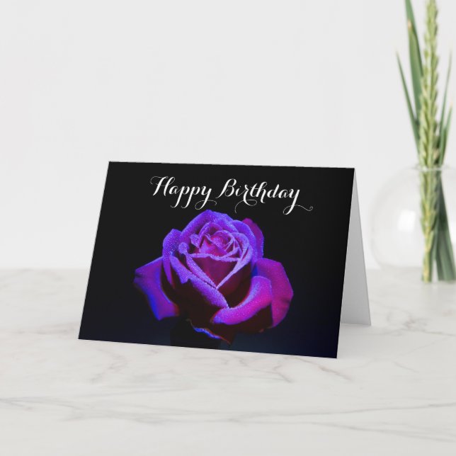 Purple Rose With Dew Droplets Happy Birthday Card (Front)