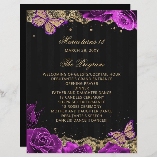 Purple Roses 18 Candles and Roses Ceremony Program (Front/Back)