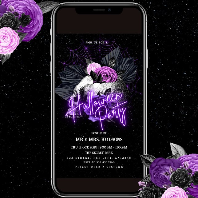 Purple Roses and Skull Halloween Party Invitation (Creator Uploaded)