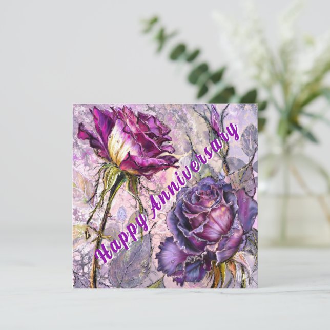 Purple Roses Anniversary Card (Standing Front)