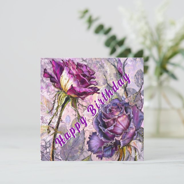 Purple Roses Birthday Card (Standing Front)